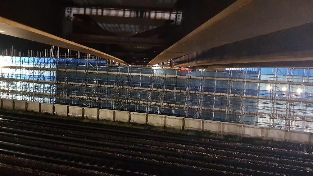 Scaffold access deck built up beneath a bridge soffit